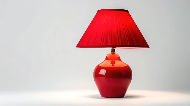 A vibrant, glossy red lamp with a lampshade of matching color against a neutral backdrop