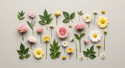 Assortment of delicate pink and yellow flowers and green leaves on a light background