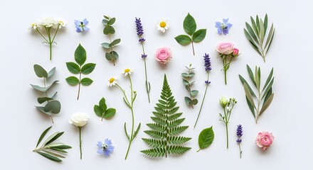 Assorted fresh botanical elements including roses, lavender, eucalyptus, and fern