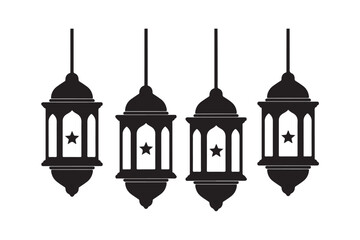 Obraz premium Minimalist black silhouette illustration of four hanging Islamic lanterns vector art