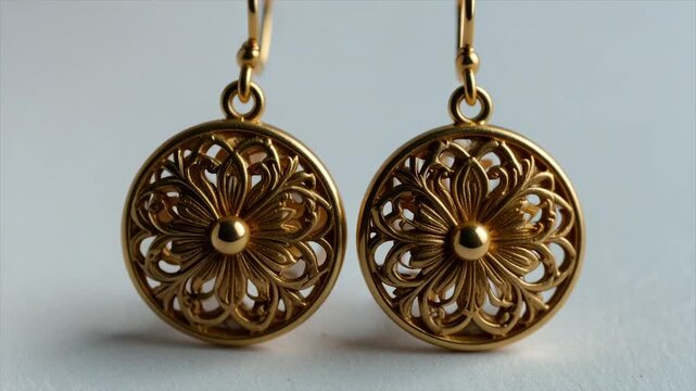 Pair of gold circular earrings, intricate filigree design held by a person