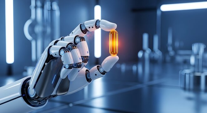 Una mano rob&oacute;tica que sostiene delicadamente una c&aacute;psula iluminada, que muestra los avances tecnol&oacute;gicos y la innovaci&oacute;n en el cuidado de la salud.