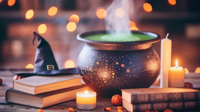 A mystical witch's cauldron, bubbling green potion surrounded by candles and books, creating an enchanting atmosphere.