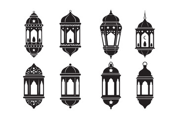 Obraz premium Elegant collection of Ramadan lanterns and crescent moons silhouette vector art