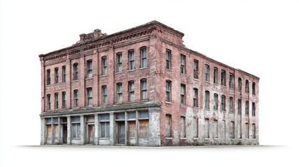 Obraz premium Dilapidated brick building with boarded-up windows stands abandoned on a white background