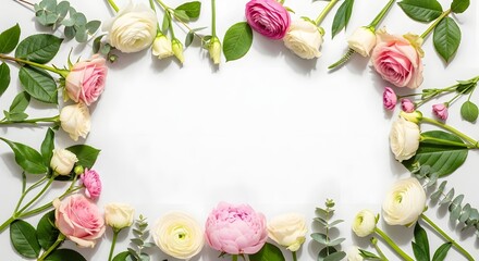 Elegant floral frame with pink roses, white roses, and eucalyptus on white background