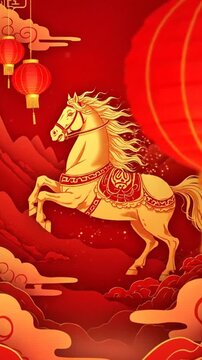Vibrant Chinese New Year Celebration with Traditional Horse Lanterns and Red Decorations