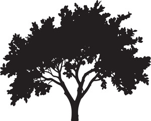 Obraz premium Black leafy tree silhouette with detailed branches and thick foliage representing nature growth and environmental conservation isolated on white background for garden landscaping and outdoor branding