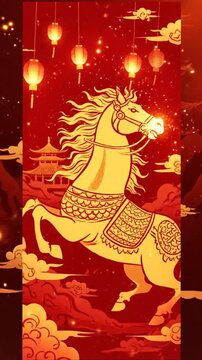 Vibrant Chinese Lanterns and Horse Illustration Celebrating Cultural Festivals in Rich Red Tones