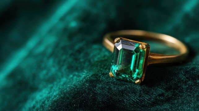 Elegant gold ring with emerald gemstone on rich green velvet background.