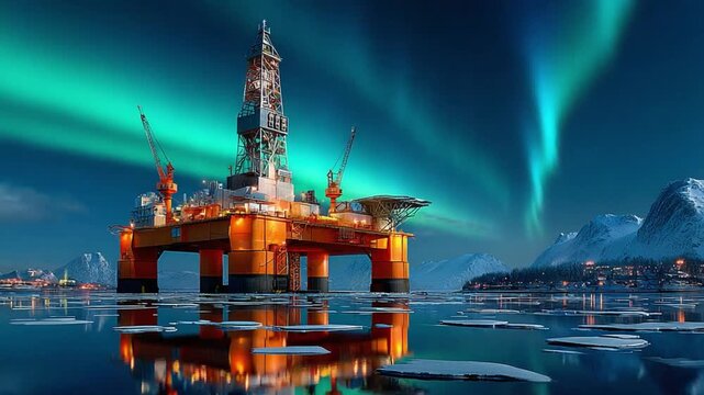 Oil Rig Under the Aurora: A mesmerizing dance of the aurora borealis illuminates an offshore oil rig floating in a serene sea, against a backdrop of snow-capped mountains and a starlit night.