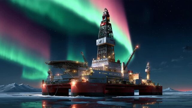 Illuminating Aurora: A majestic oil rig stands defiant amidst the icy waters, graced by the celestial dance of the aurora borealis, a spectacle of nature's beauty and human industry.