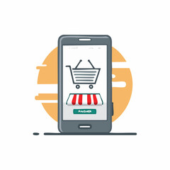 Smartphone showing online shopping app with cart and store front symbol.