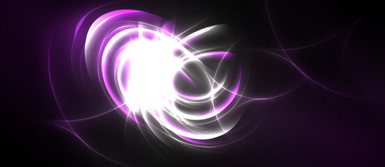 Obraz premium Bright abstract swirls, luminous energy radiating from central point. Purple hues dominate dark background. Dynamic, flowing forms present.