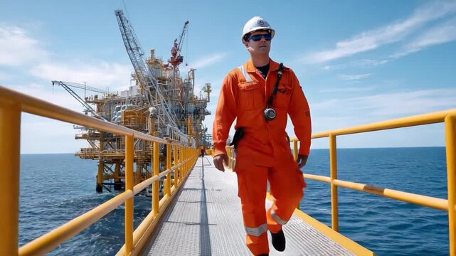 The Oil Rig Walkway: A confident worker walks along a sturdy walkway, overlooking a vast, shimmering ocean. The towering oil rig provides a backdrop.
