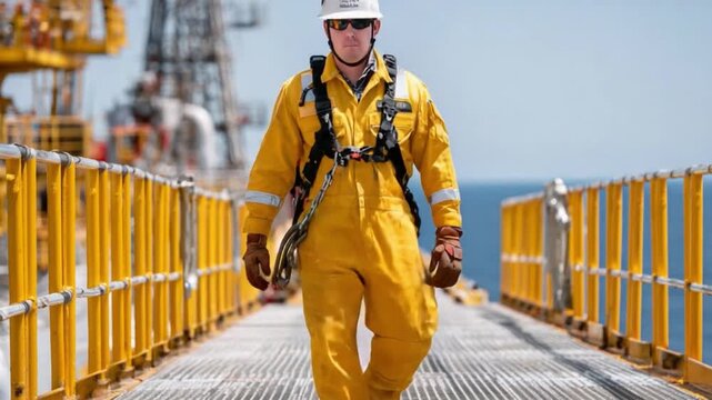 The Confident Engineer: An engineer strides confidently across the metallic platform of an offshore structure. A striking portrait of dedication, expertise.