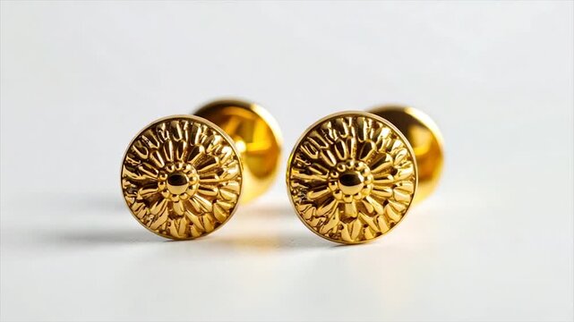Two ornate gold objects with floral designs, set against a blurred white background