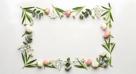 Delicate floral border with white roses, pink roses, eucalyptus, and baby's breath