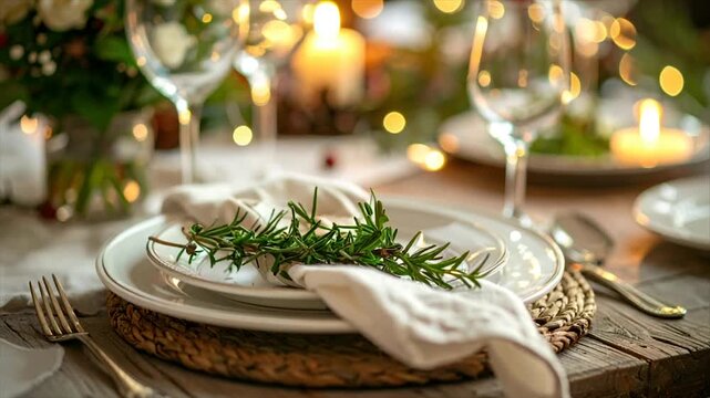 A table is set for a special occasion, with candlelight and elegant place settings