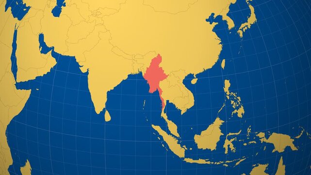 Myanmar on Globe. Animated zoom into the country in Ocean Blue Golden Yellow color palette. Myanmar logo animation. Map with meridians, parallels. Authentic video.