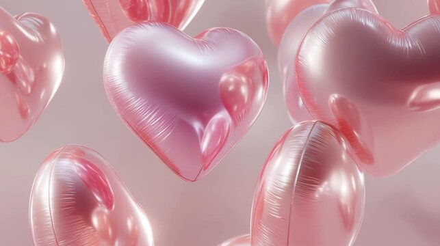 A dreamy and romantic video featuring soft pink metallic mylar heart balloons floating in a soft-lit space. High-quality aesthetic with a glossy sheen, perfect for Valentine's Day, weddings