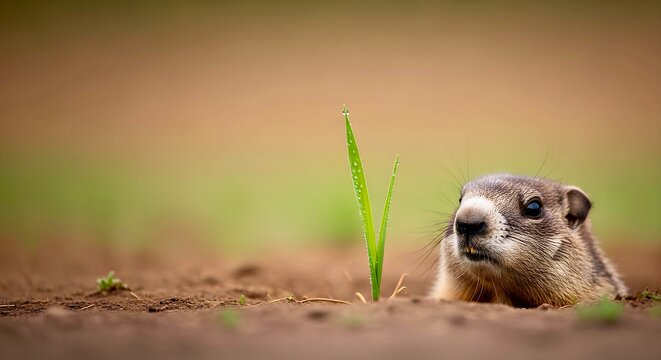 Cute and funny groundhog weather predictor with spring theme, blurred spring background, perfect for Groundhog Day designs.