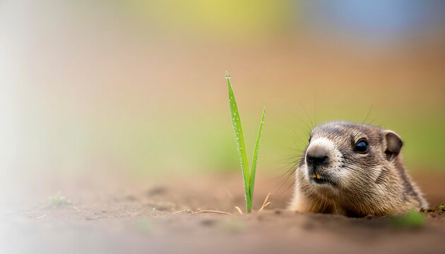 Cute and funny groundhog weather predictor with spring theme, blurred spring background, perfect for Groundhog Day designs.