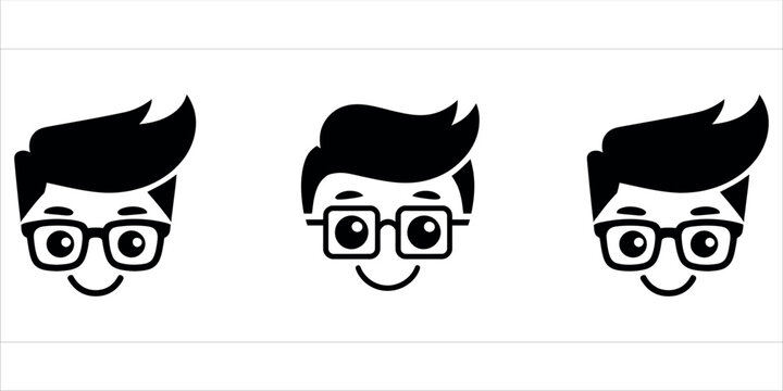 Set of three identical happy cartoon boy faces with stylish hair and square framed glasses vector.