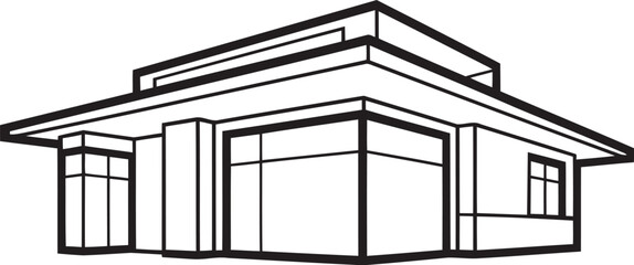 Modern single story commercial building perspective line art drawing, contemporary architecture illustration vector