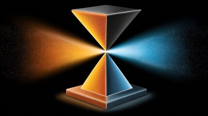 3D Hourglass with Orange and Blue Light Beams on Black Background