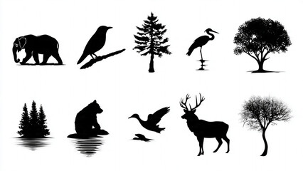 set of silhouettes of trees