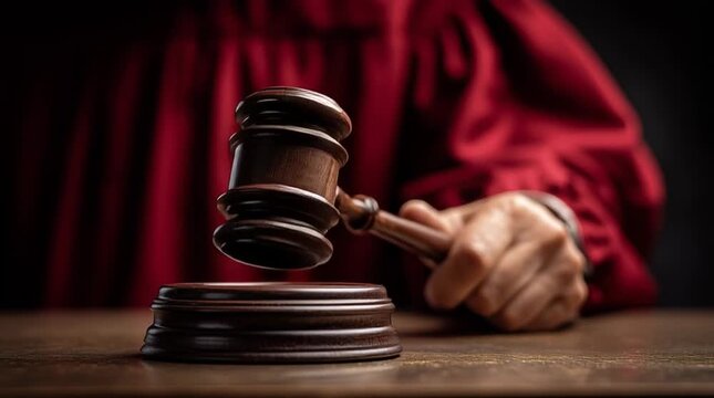 judge's hand holding a dark wooden gavel raised slightly above a matching wooden sound block isolated on a metal golden background