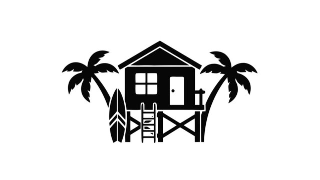 Vector illustration of a classic beach house with palm trees and surfboard, on transparent background