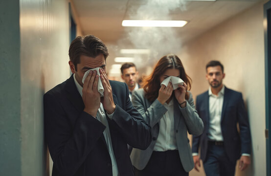 Office workers evacuate hallway covered in smoke. People use tissues to cover faces from fumes. They seek safety away from building fire emergency.