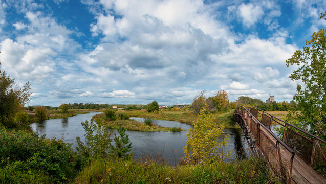 Autumn morning in the Urals, wide shot, beautiful autumn morning landscape,
the Pyshma River in the Sverdlovsk region