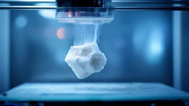 Closeup medium shot of a hightech 3D printer rapidly producing a prototype jewel showcasing detailed layers emerging while the background remains softly out of focus.