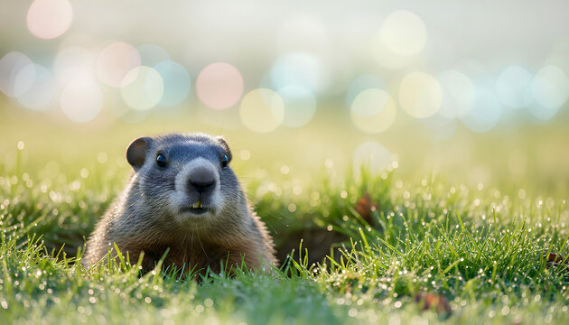 Cute and funny groundhog weather predictor with spring theme, blurred spring background, perfect for Groundhog Day designs.