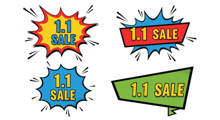 Fototapeta premium Dynamic comic-style 1.1 sale banners on a clean white background an eye-catching vector illustration for promotional marketing campaigns