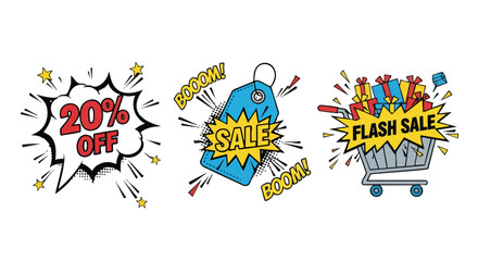 Comic pop art style sale and discount promotion elements on a white background for e-commerce marketing design © khafid