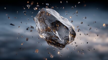 Obraz premium A large rock is falling from the sky, with many small rocks and debris flying around it. The scene is chaotic and disordered, with the rock and debris scattered all over the sky