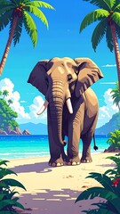 An elephant stands calmly on a tropical beach, palm trees sway, with vibrant water and lush foliage