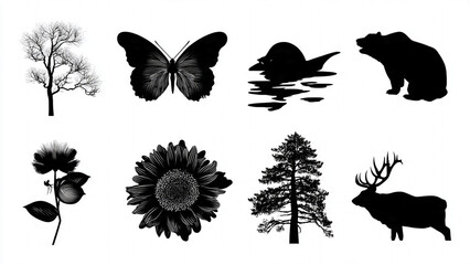 set of silhouettes of flowers