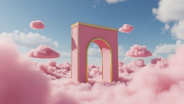 Pink and gold archway structure surrounded by pink clouds in a blue sky