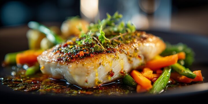 Grilled sea bass fillet with citrus glaze and sauteed vegetables, served on dark plate, upscale restaurant background blurred. Light and refined seafood entree.