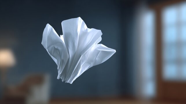 A white tissue paper is floating in the air. The image has a dreamy and ethereal quality to it, as if the tissue paper is floating in a surreal world