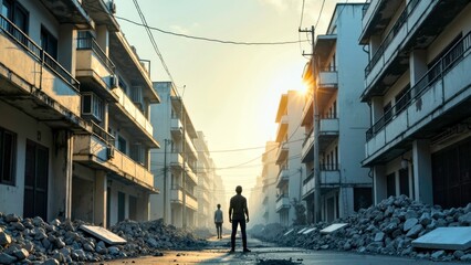 Disaster scene footage of the ruins of a solitary building
