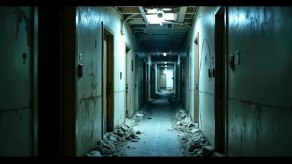 Disaster scene footage of an empty corridor