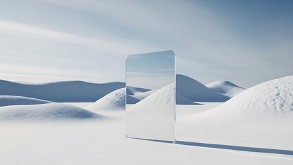 A transparent rectangular screen displaying a snowy landscape with rolling hills and a clear blue sky
