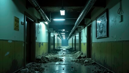 Disaster scene footage of the damaged corridor