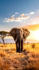An elephant walks across a grassy savanna at sunset, with a blue sky dotted with clouds above